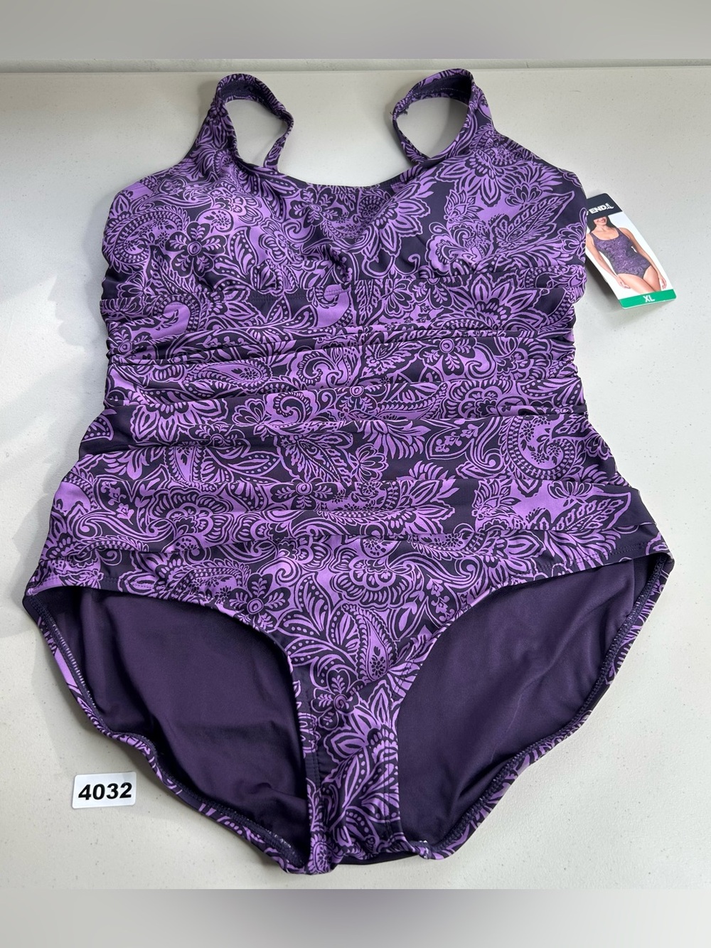 Lands' End Women's Purple Paisley Ruching One Piece Swimsuit Tummy Control XL